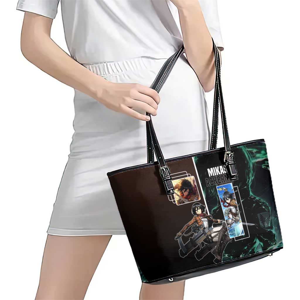 Mikasa Ackerman from Attack on Titan Leather Tote Bag with Sword and Action Pose Design - The Mazicc