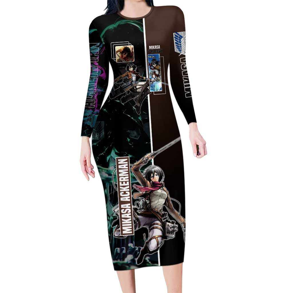 Mikasa Ackerman from Attack on Titan Long Sleeve Bodycon Dress with Sword and Action Pose Design - The Mazicc