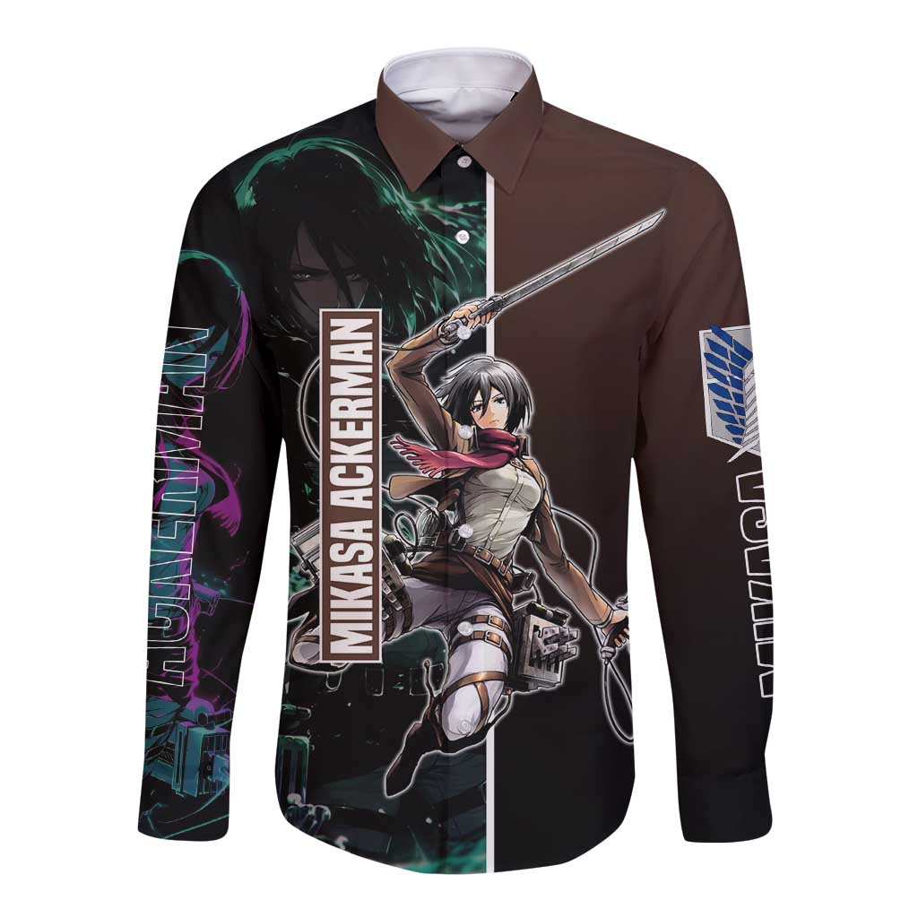 Mikasa Ackerman from Attack on Titan Long Sleeve Button Shirt with Sword and Action Pose Design - The Mazicc