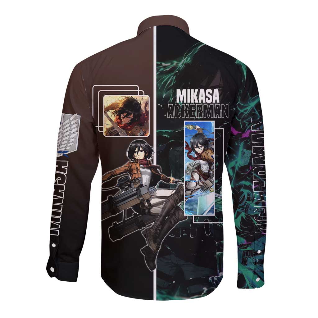 Mikasa Ackerman from Attack on Titan Long Sleeve Button Shirt with Sword and Action Pose Design - The Mazicc