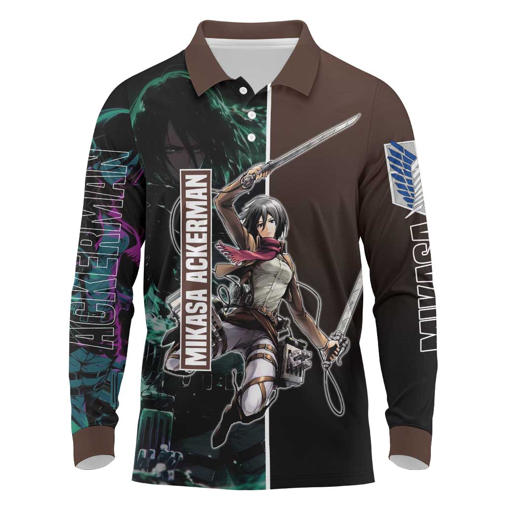 Mikasa Ackerman from Attack on Titan Long Sleeve Polo Shirt with Sword and Action Pose Design - The Mazicc