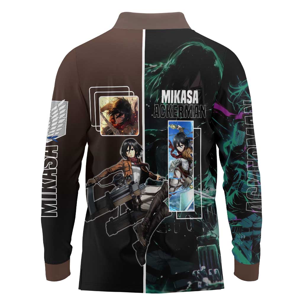 Mikasa Ackerman from Attack on Titan Long Sleeve Polo Shirt with Sword and Action Pose Design - The Mazicc