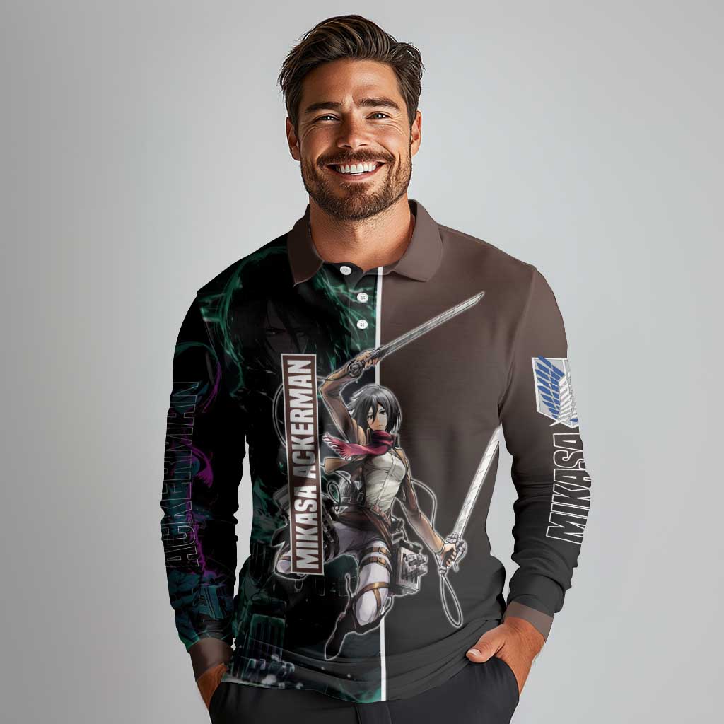 Mikasa Ackerman from Attack on Titan Long Sleeve Polo Shirt with Sword and Action Pose Design - The Mazicc