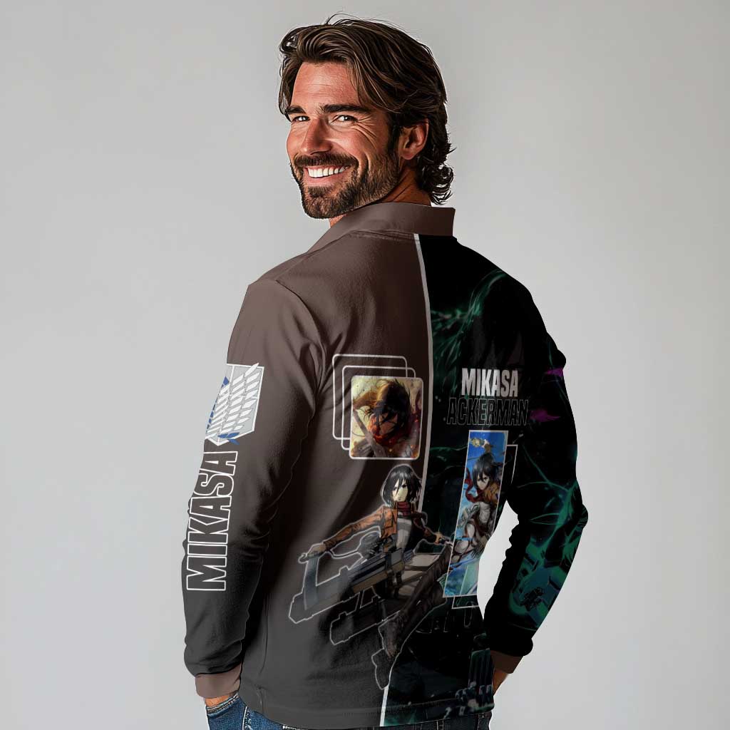 Mikasa Ackerman from Attack on Titan Long Sleeve Polo Shirt with Sword and Action Pose Design - The Mazicc