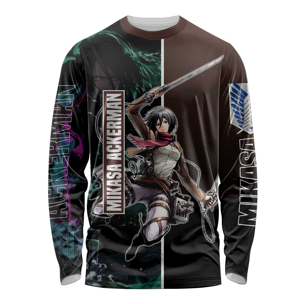 Mikasa Ackerman from Attack on Titan Long Sleeve Shirt with Sword and Action Pose Design - The Mazicc