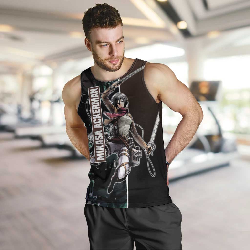 Mikasa Ackerman from Attack on Titan Men Tank Top with Sword and Action Pose Design - The Mazicc