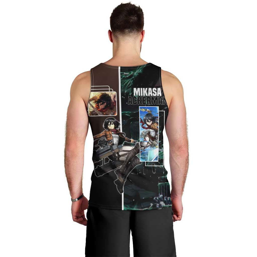 Mikasa Ackerman from Attack on Titan Men Tank Top with Sword and Action Pose Design - The Mazicc