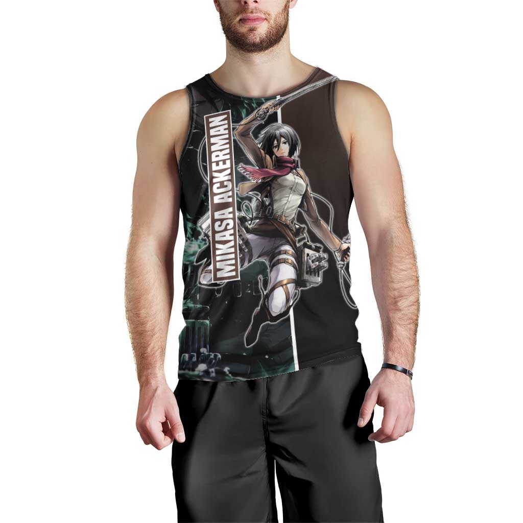Mikasa Ackerman from Attack on Titan Men Tank Top with Sword and Action Pose Design - The Mazicc