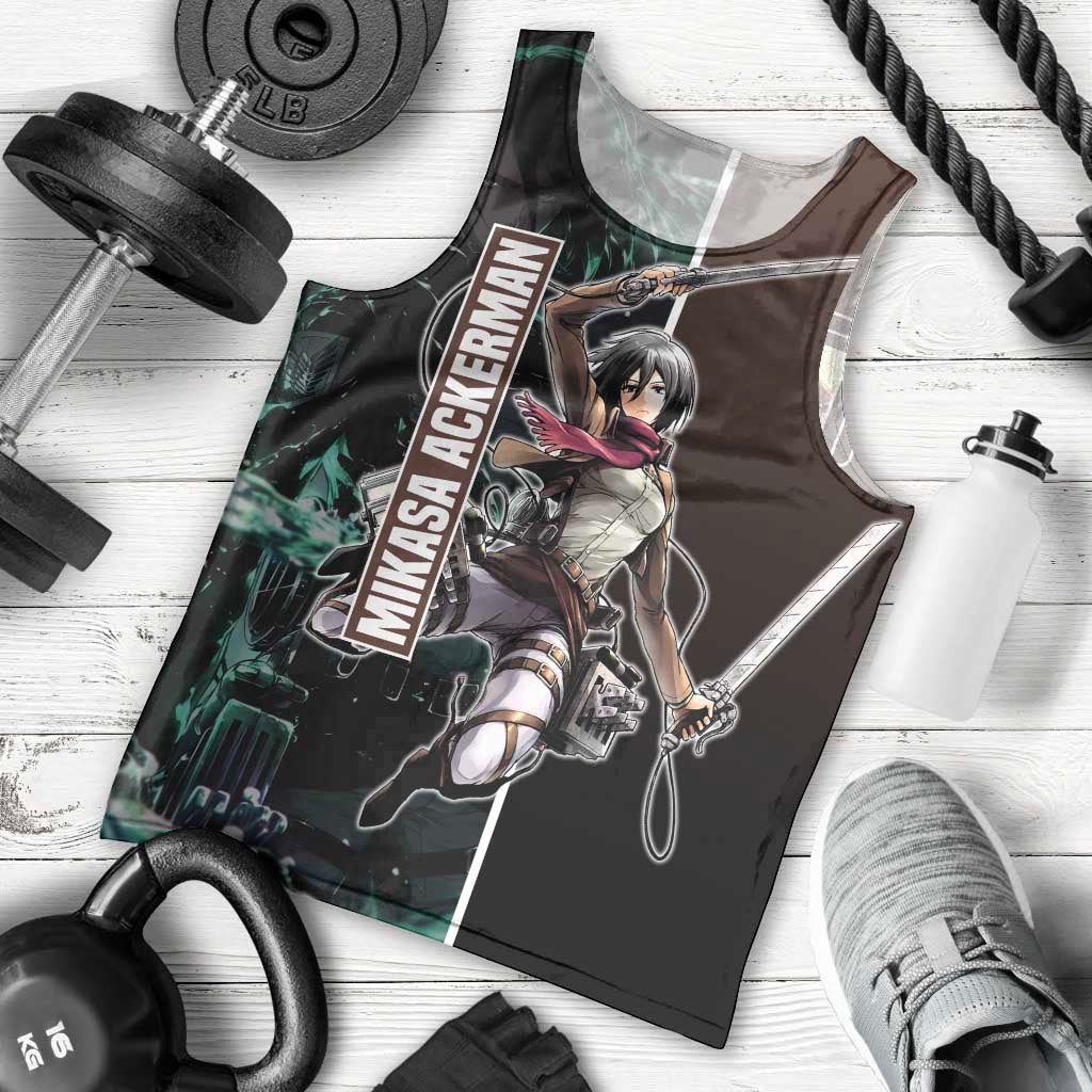 Mikasa Ackerman from Attack on Titan Men Tank Top with Sword and Action Pose Design - The Mazicc