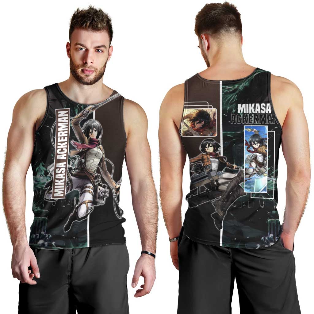 Mikasa Ackerman from Attack on Titan Men Tank Top with Sword and Action Pose Design - The Mazicc