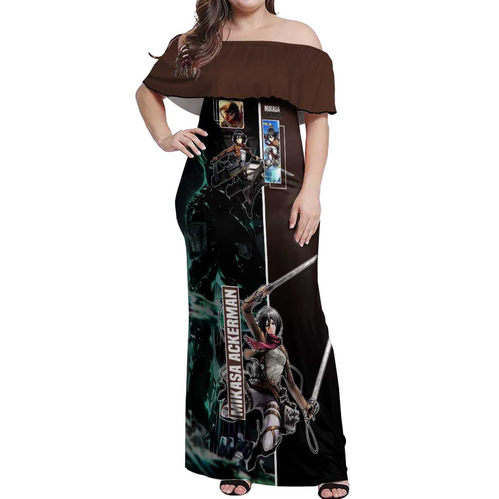 Mikasa Ackerman from Attack on Titan Off Shoulder Maxi Dress with Sword and Action Pose Design - The Mazicc