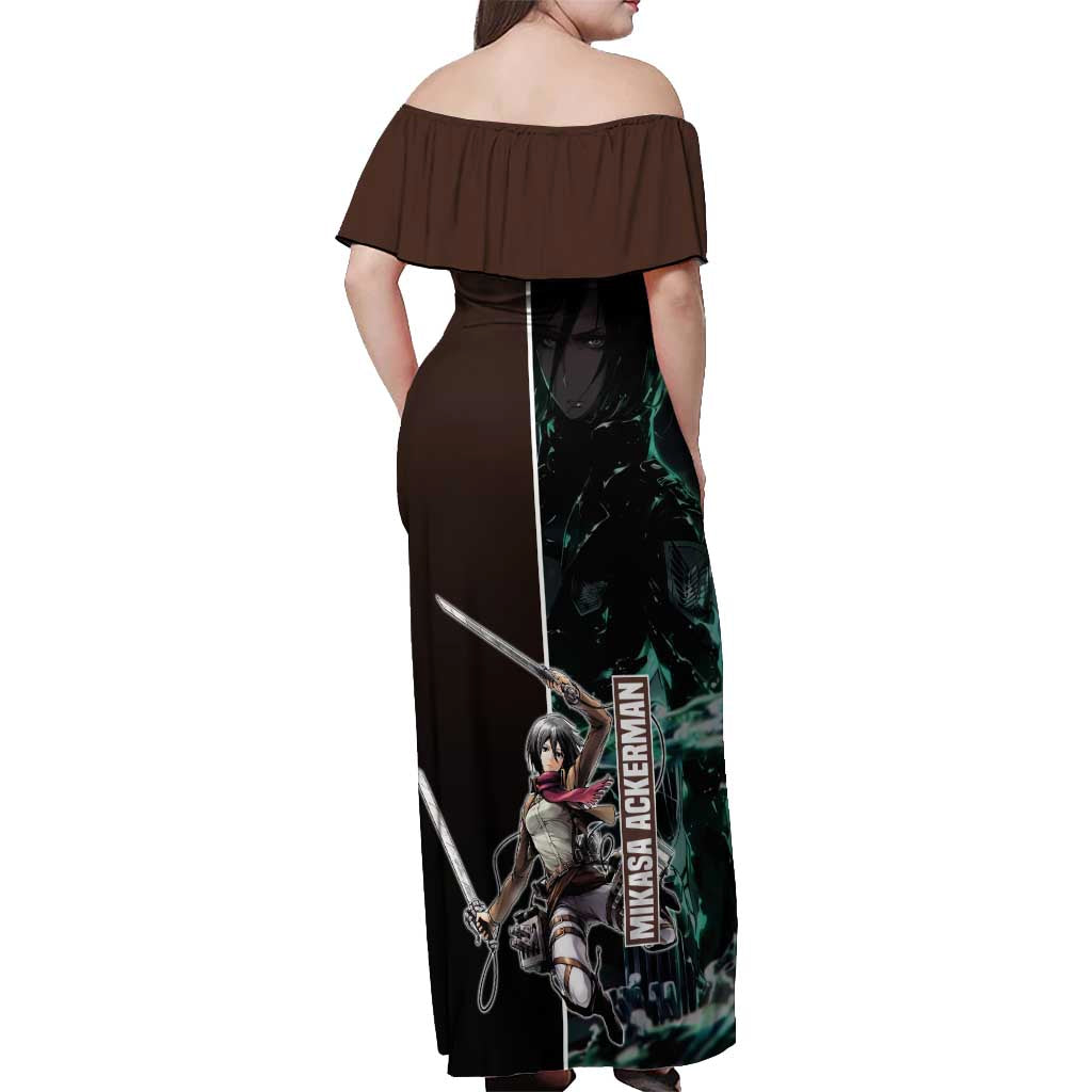 Mikasa Ackerman from Attack on Titan Off Shoulder Maxi Dress with Sword and Action Pose Design - The Mazicc