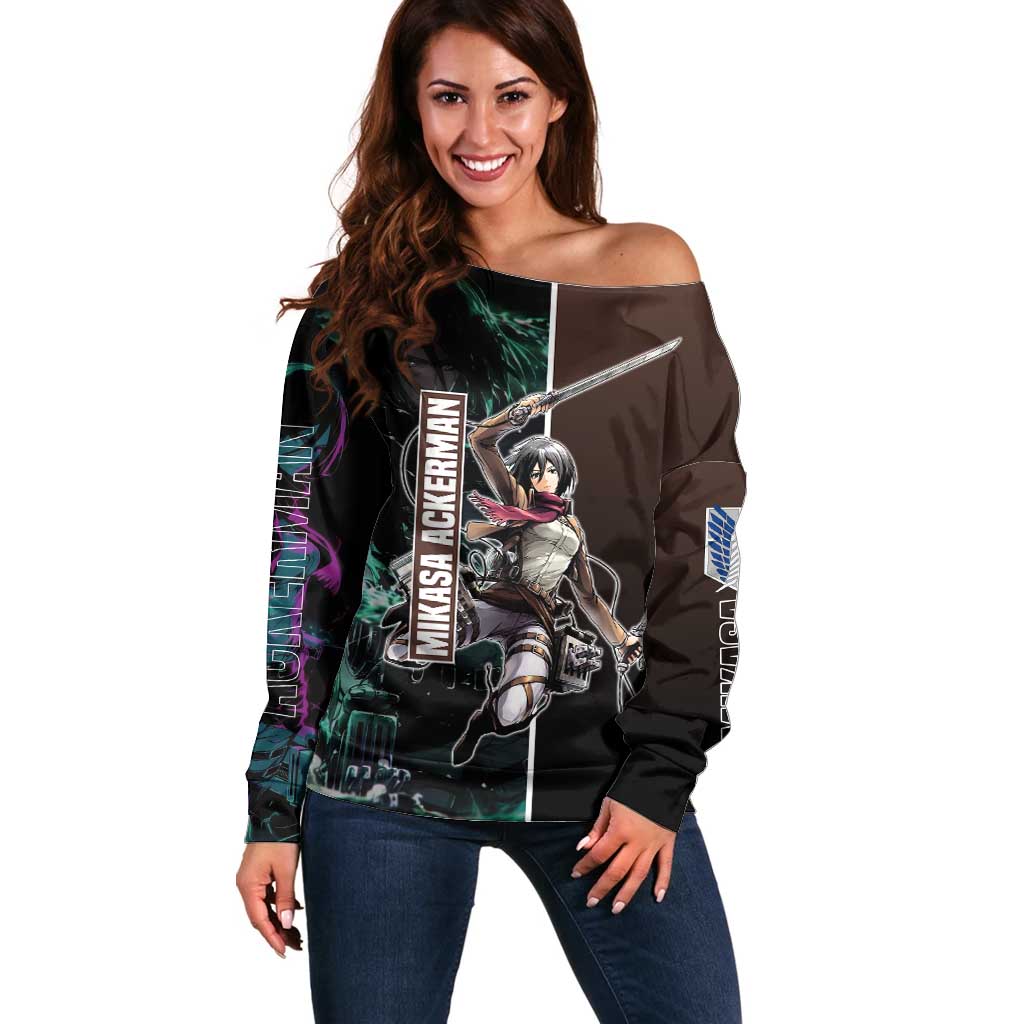 Mikasa Ackerman from Attack on Titan Off Shoulder Sweater with Sword and Action Pose Design - The Mazicc