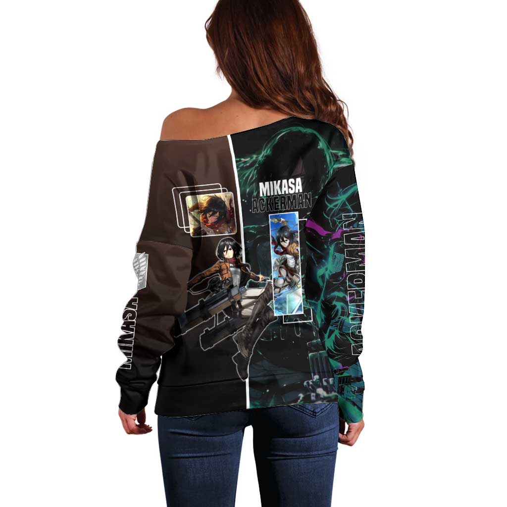 Mikasa Ackerman from Attack on Titan Off Shoulder Sweater with Sword and Action Pose Design - The Mazicc