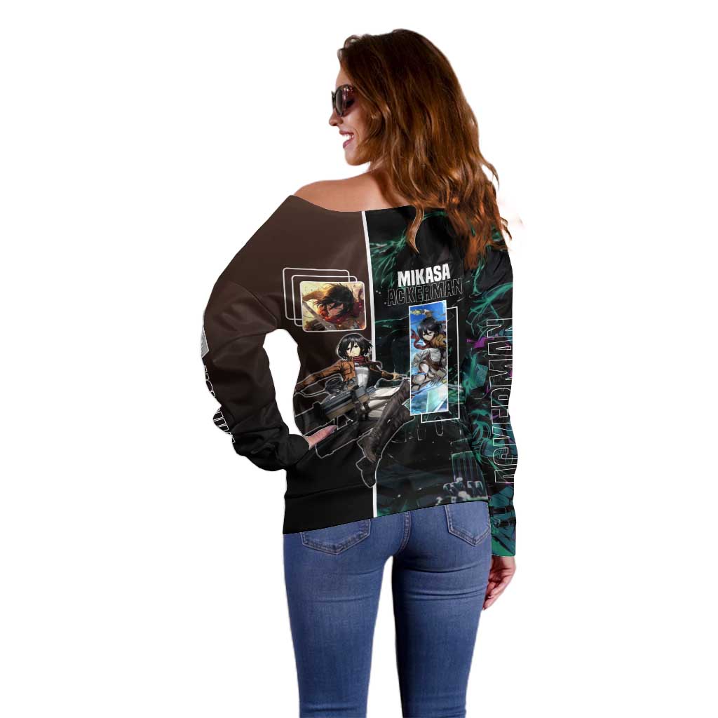Mikasa Ackerman from Attack on Titan Off Shoulder Sweater with Sword and Action Pose Design - The Mazicc