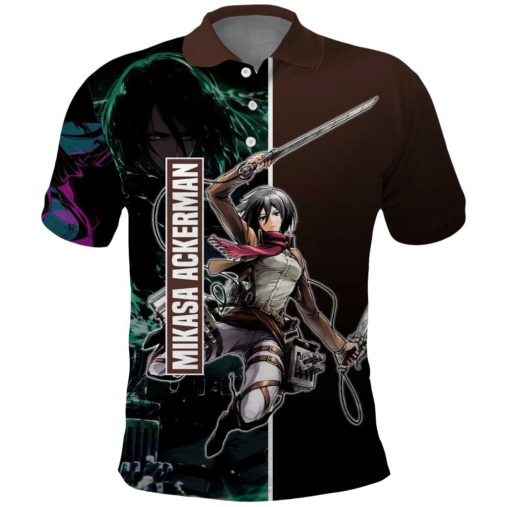 Mikasa Ackerman from Attack on Titan Polo Shirt with Sword and Action Pose Design - The Mazicc