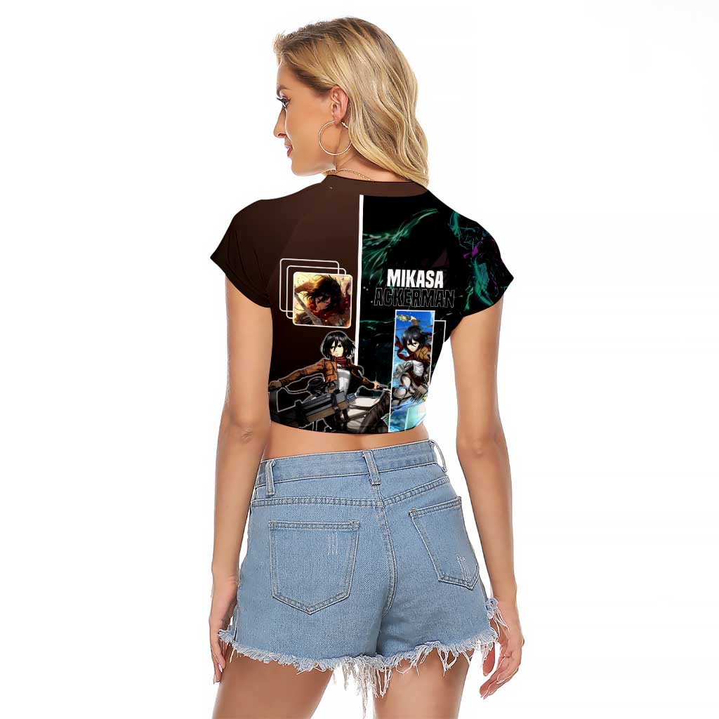 Mikasa Ackerman from Attack on Titan Raglan Cropped T Shirt with Sword and Action Pose Design - The Mazicc