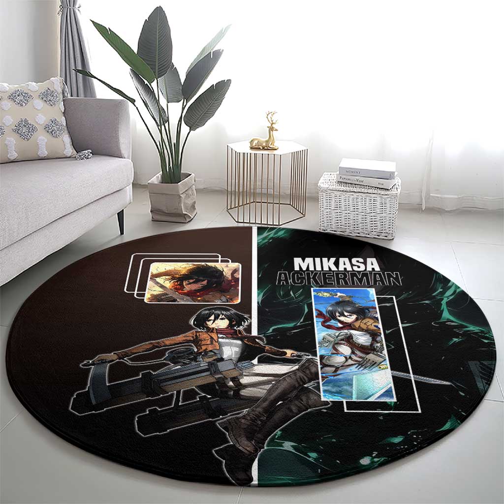 Mikasa Ackerman from Attack on Titan Round Carpet with Sword and Action Pose Design - The Mazicc