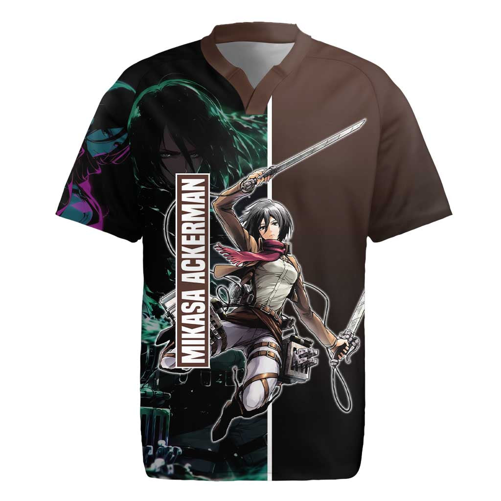 Mikasa Ackerman from Attack on Titan Rugby Jersey with Sword and Action Pose Design - The Mazicc