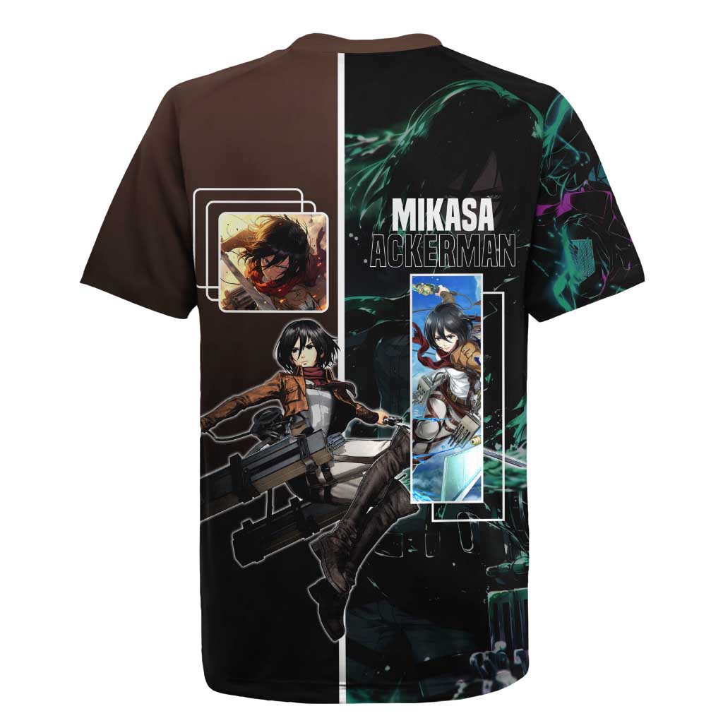 Mikasa Ackerman from Attack on Titan Rugby Jersey with Sword and Action Pose Design - The Mazicc