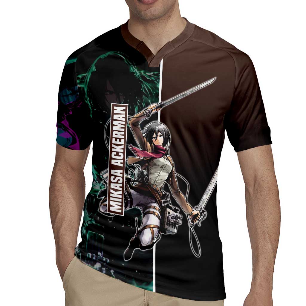 Mikasa Ackerman from Attack on Titan Rugby Jersey with Sword and Action Pose Design - The Mazicc