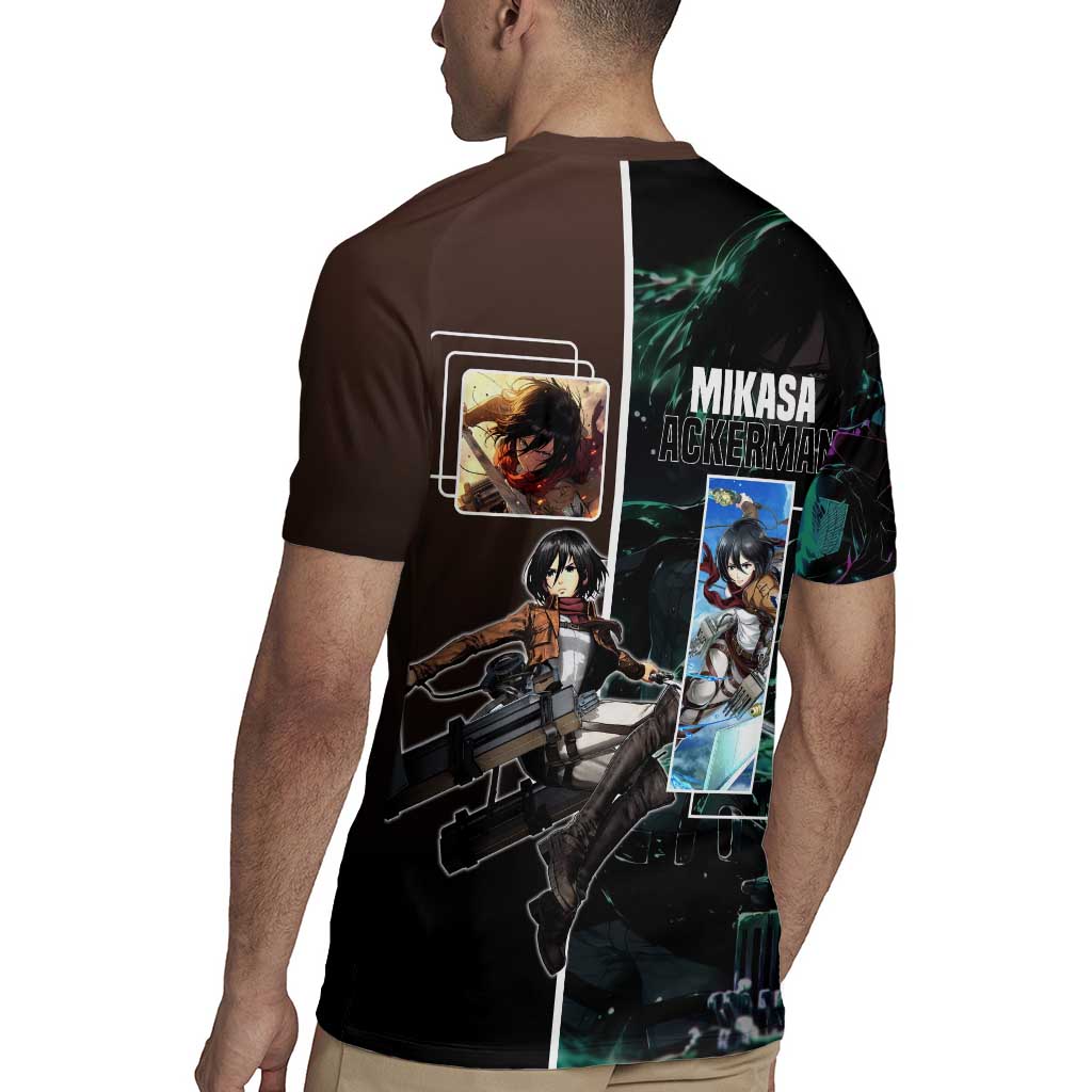 Mikasa Ackerman from Attack on Titan Rugby Jersey with Sword and Action Pose Design - The Mazicc