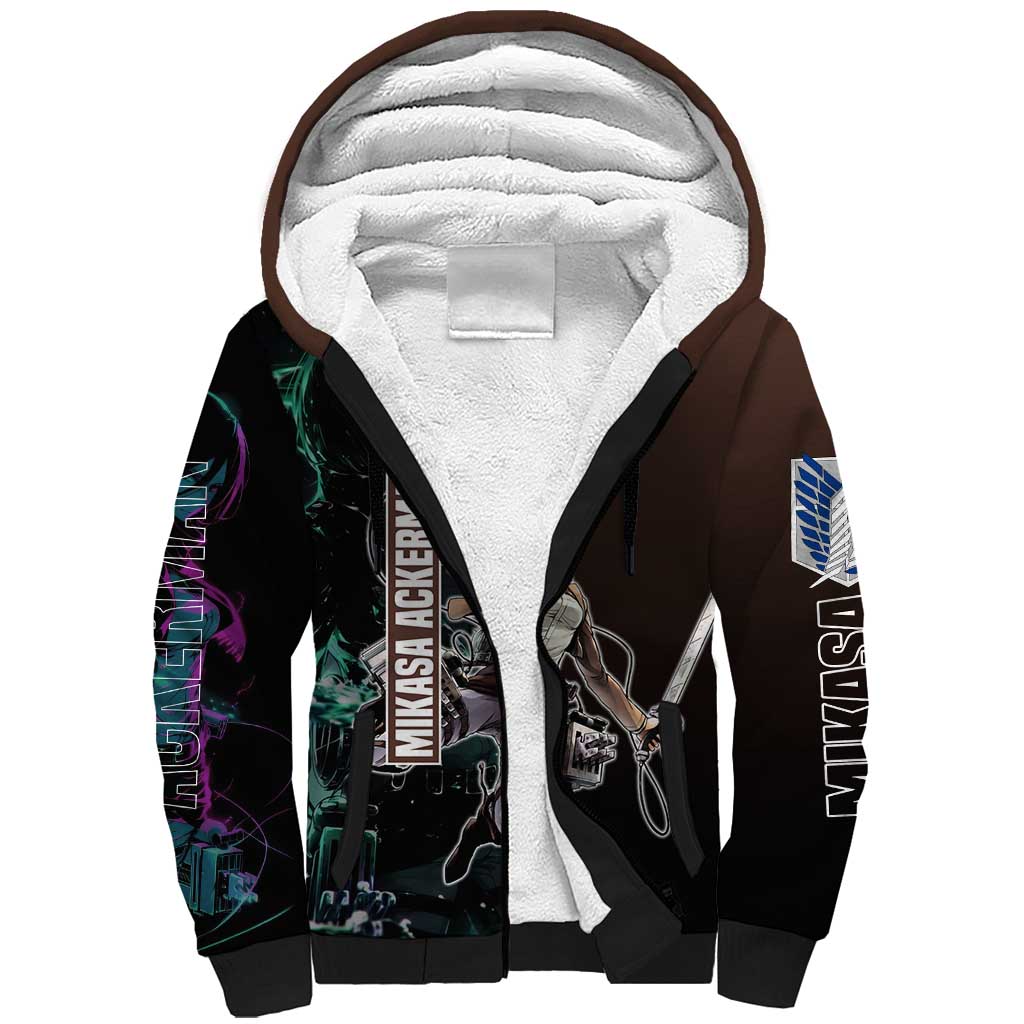 Mikasa Ackerman from Attack on Titan Sherpa Hoodie with Sword and Action Pose Design - The Mazicc