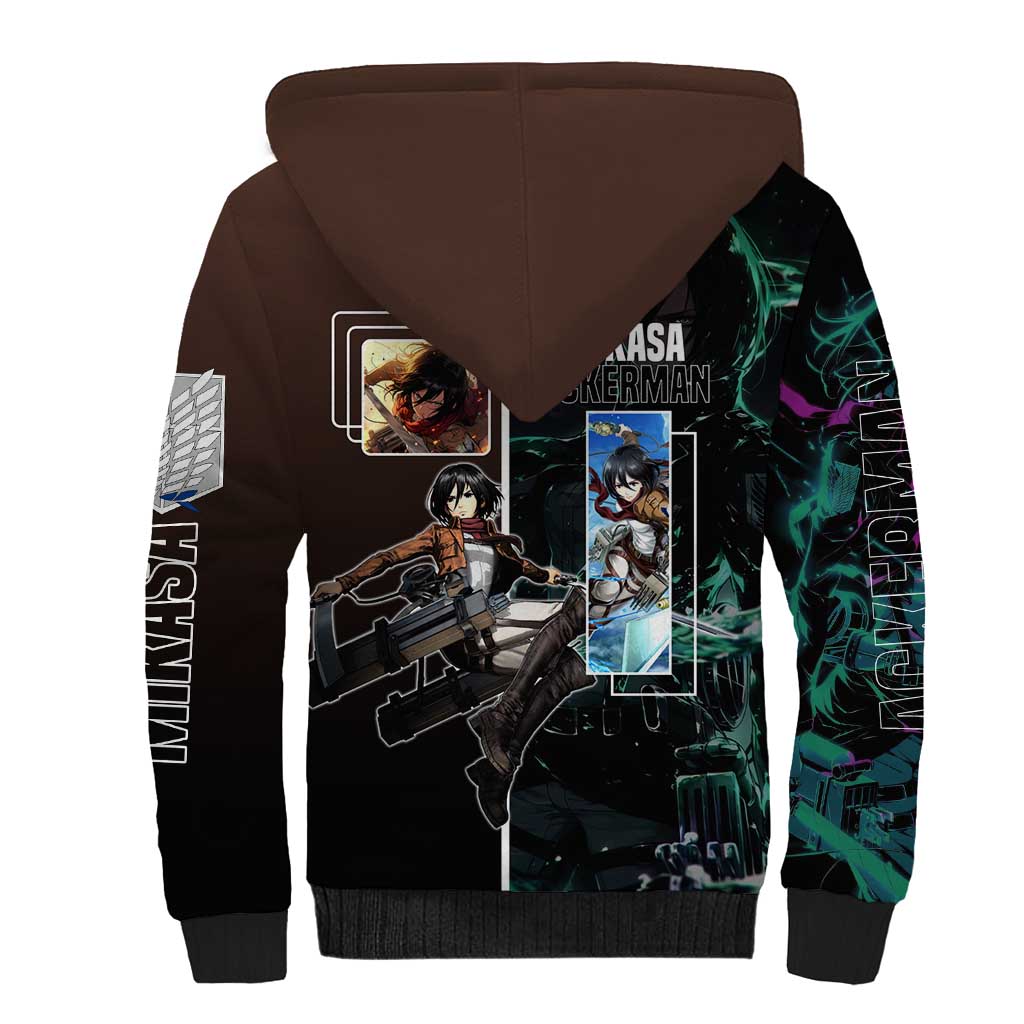 Mikasa Ackerman from Attack on Titan Sherpa Hoodie with Sword and Action Pose Design - The Mazicc