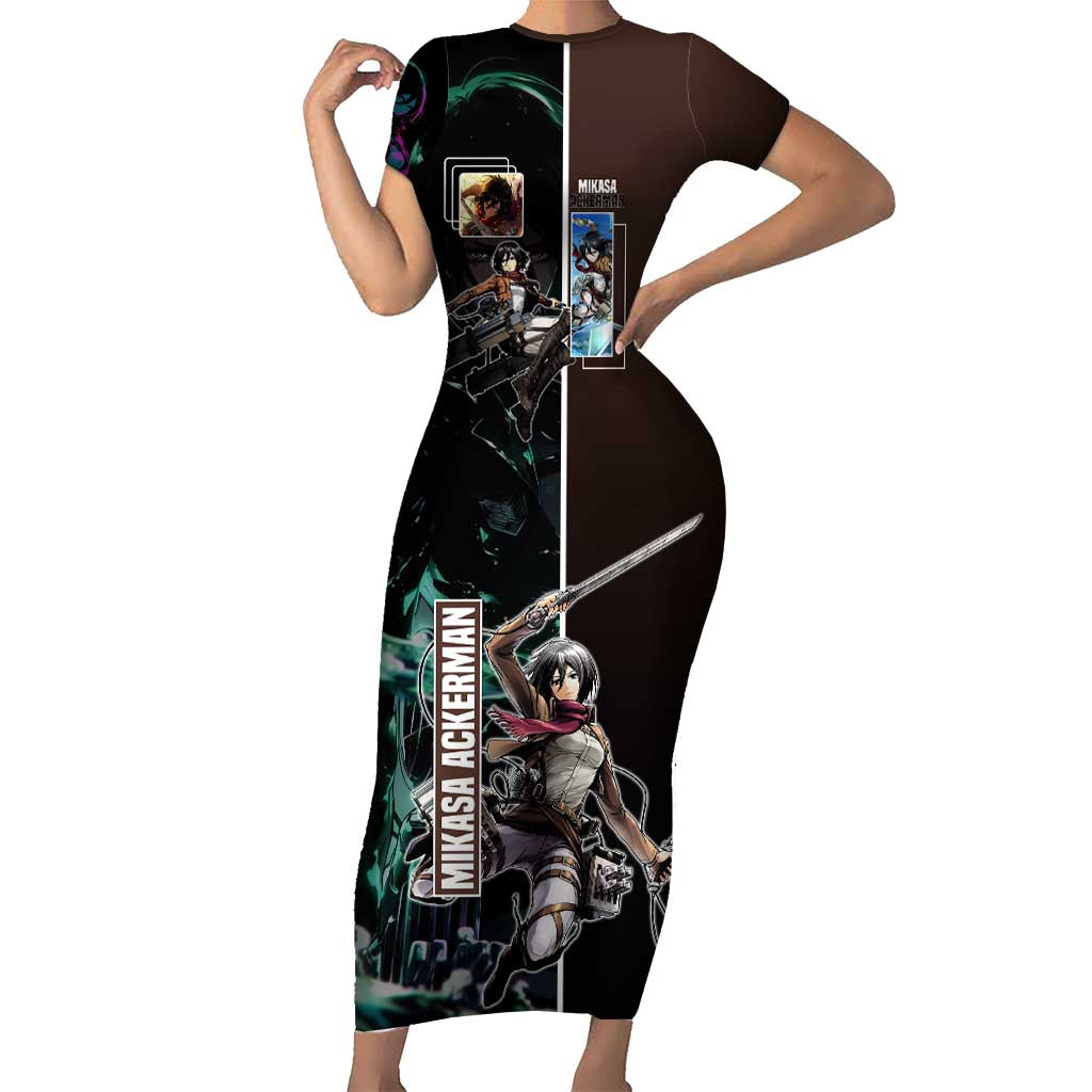 Mikasa Ackerman from Attack on Titan Short Sleeve Bodycon Dress with Sword and Action Pose Design - The Mazicc