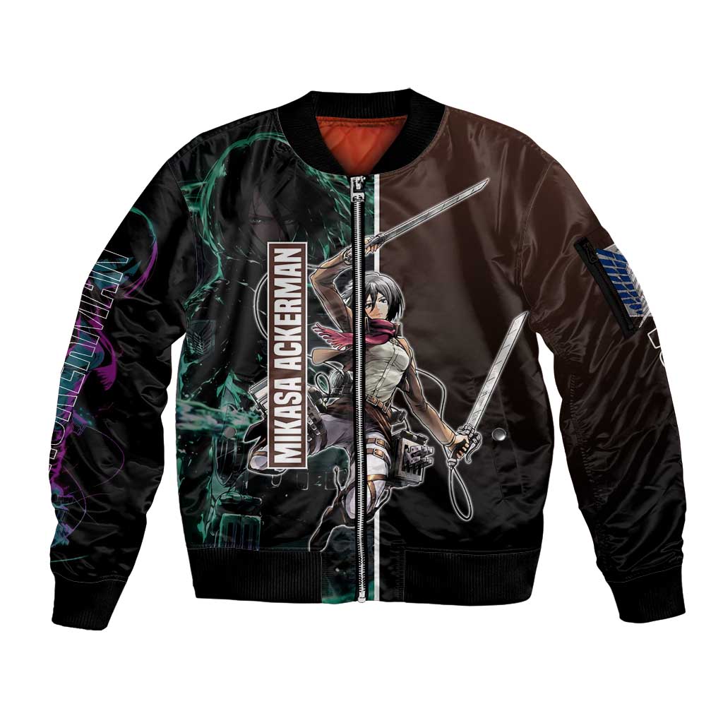 Mikasa Ackerman from Attack on Titan Sleeve Zip Bomber Jacket with Sword and Action Pose Design - The Mazicc