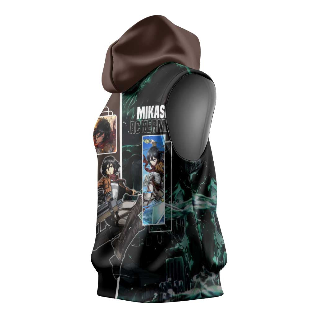 Mikasa Ackerman from Attack on Titan Sleeveless Hoodie with Sword and Action Pose Design - The Mazicc