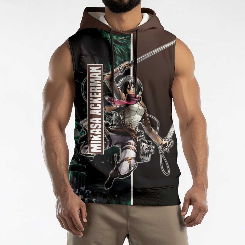 Mikasa Ackerman from Attack on Titan Sleeveless Hoodie with Sword and Action Pose Design - The Mazicc