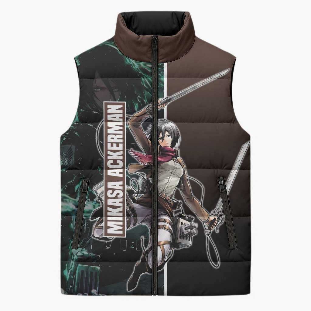 Mikasa Ackerman from Attack on Titan Sleeveless Puffer Jacket with Sword and Action Pose Design - The Mazicc