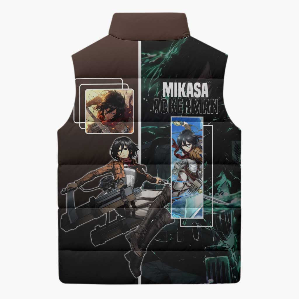 Mikasa Ackerman from Attack on Titan Sleeveless Puffer Jacket with Sword and Action Pose Design - The Mazicc