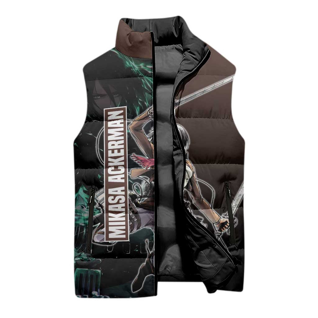 Mikasa Ackerman from Attack on Titan Sleeveless Puffer Jacket with Sword and Action Pose Design - The Mazicc