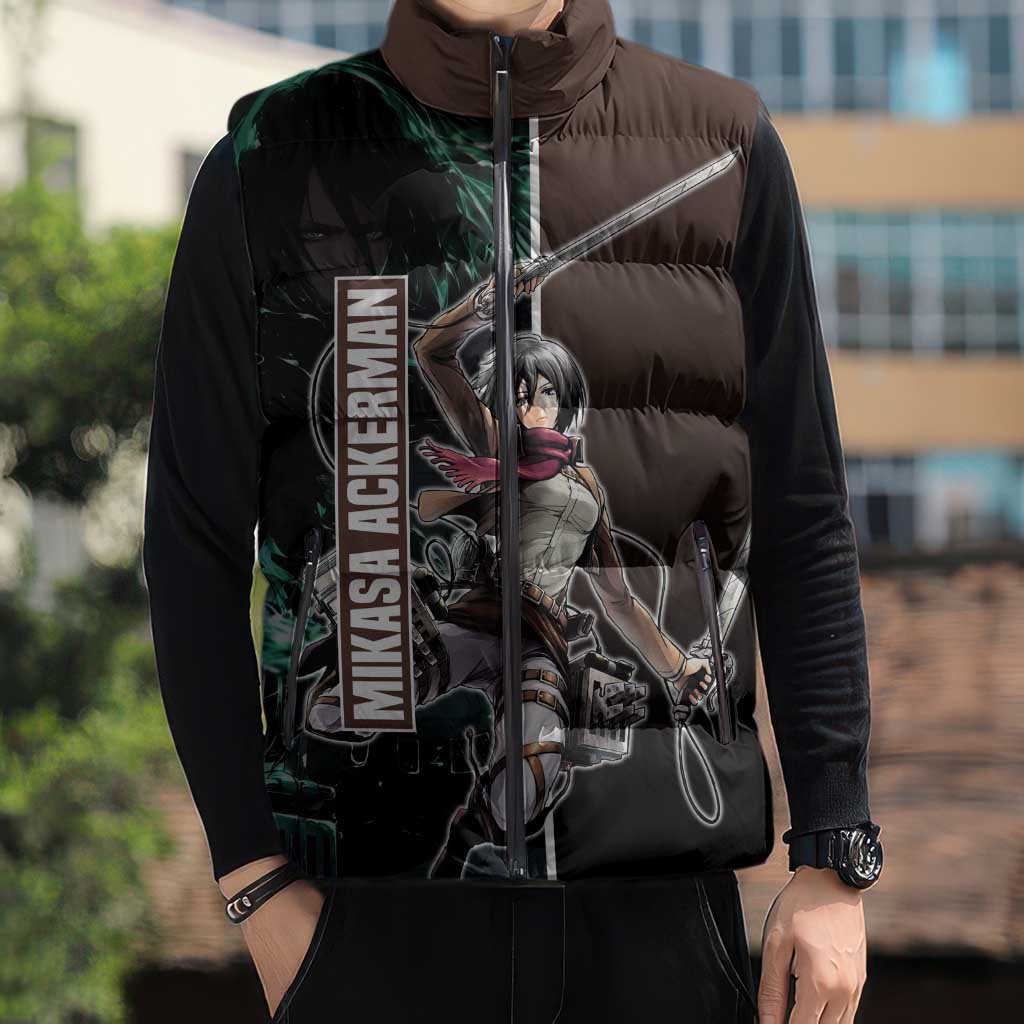 Mikasa Ackerman from Attack on Titan Sleeveless Puffer Jacket with Sword and Action Pose Design - The Mazicc