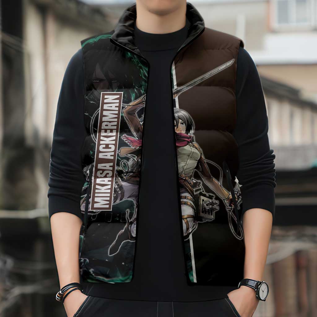 Mikasa Ackerman from Attack on Titan Sleeveless Puffer Jacket with Sword and Action Pose Design - The Mazicc