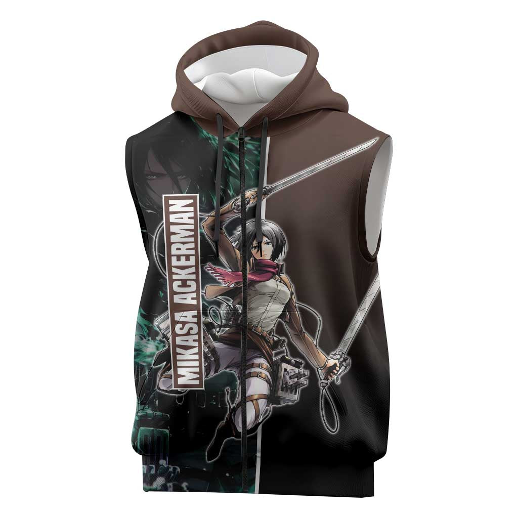 Mikasa Ackerman from Attack on Titan Sleeveless Zip Hoodie with Sword and Action Pose Design - The Mazicc