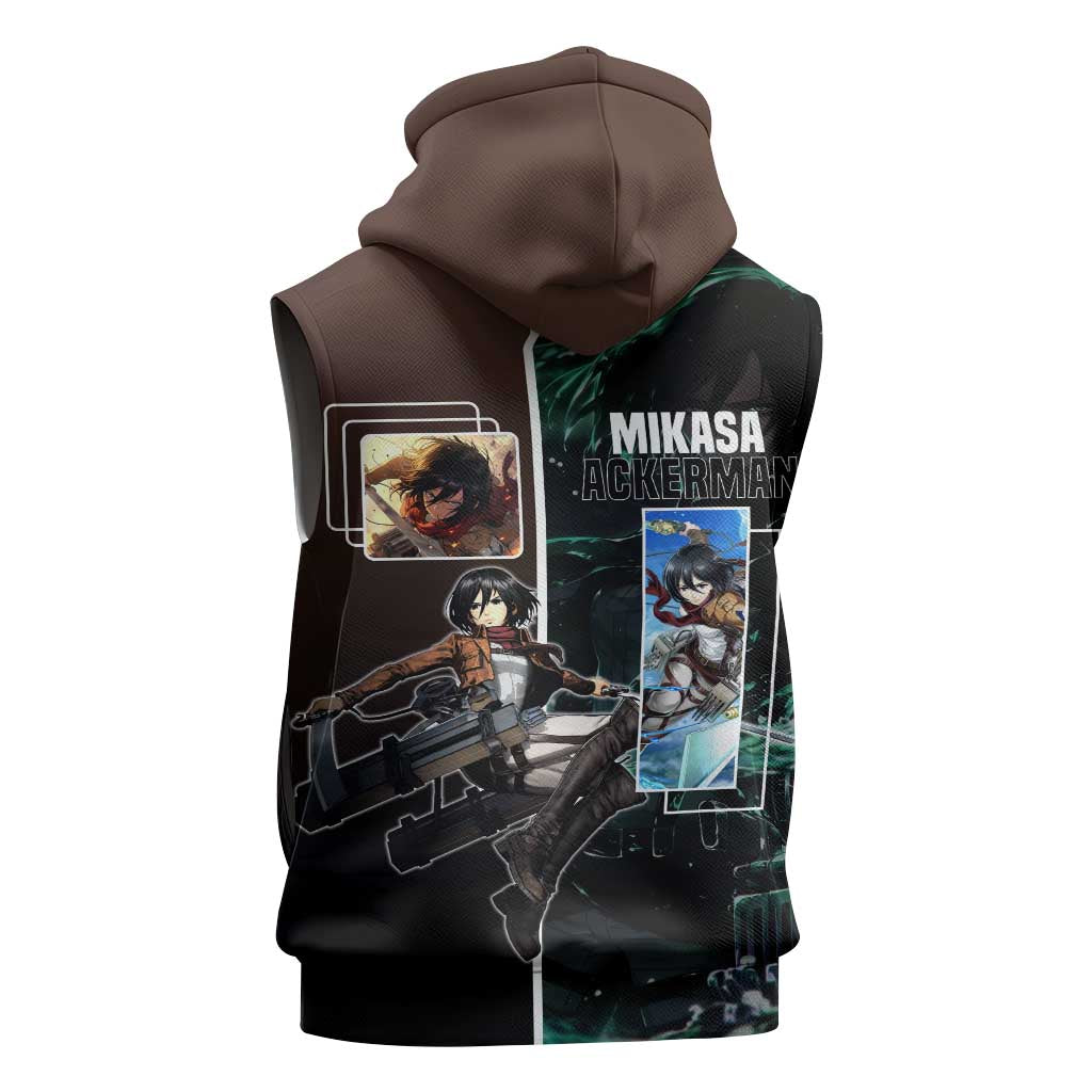 Mikasa Ackerman from Attack on Titan Sleeveless Zip Hoodie with Sword and Action Pose Design - The Mazicc