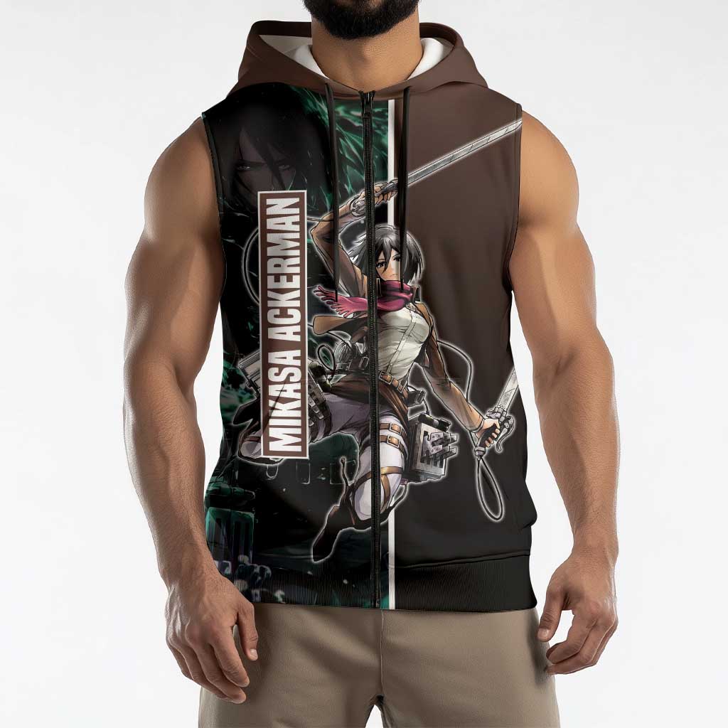 Mikasa Ackerman from Attack on Titan Sleeveless Zip Hoodie with Sword and Action Pose Design - The Mazicc