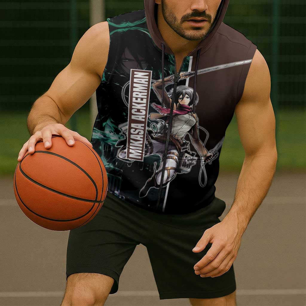 Mikasa Ackerman from Attack on Titan Sleeveless Zip Hoodie with Sword and Action Pose Design - The Mazicc