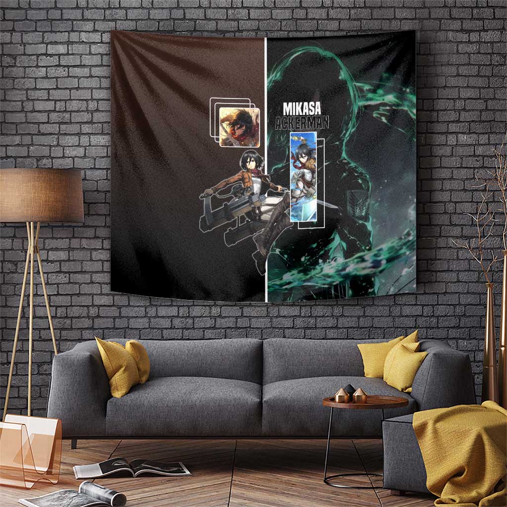 Mikasa Ackerman from Attack on Titan Tapestry with Sword and Action Pose Design - The Mazicc