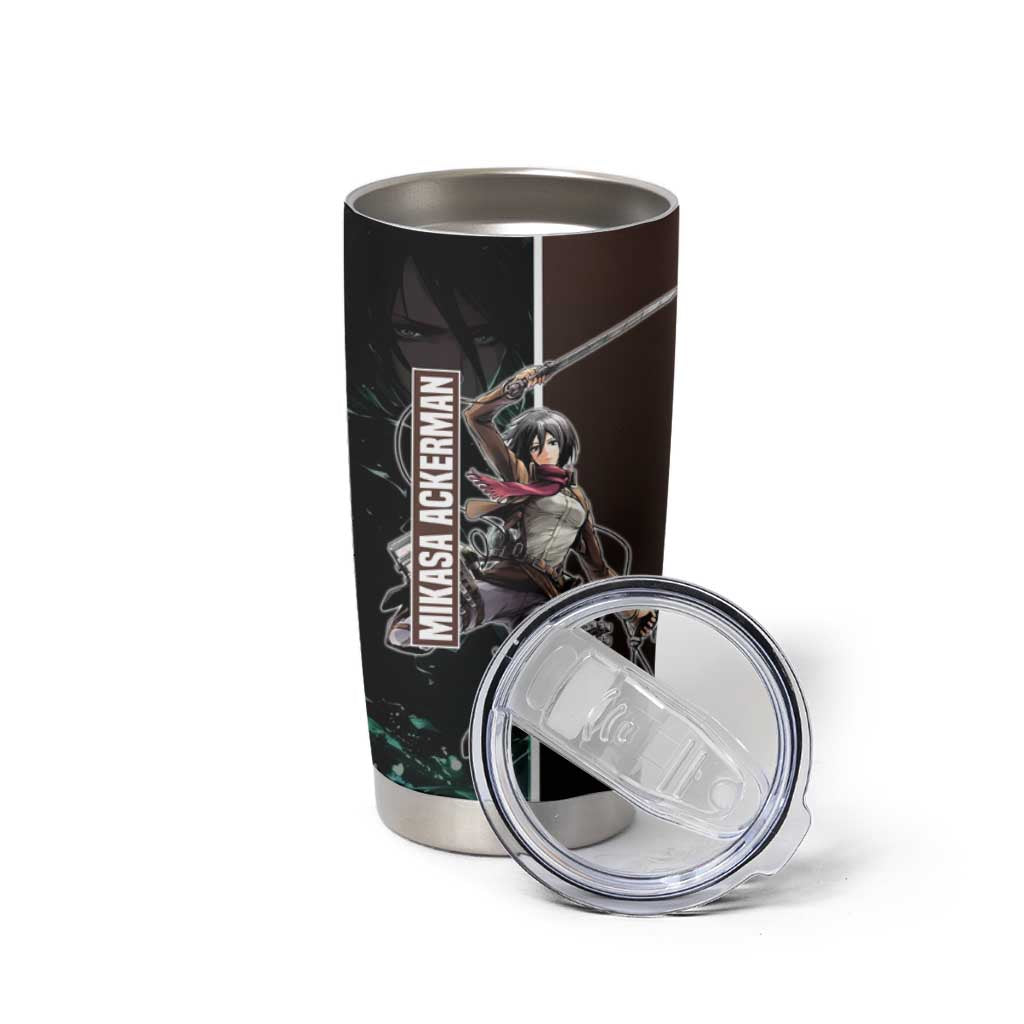Mikasa Ackerman from Attack on Titan Tumbler Cup with Sword and Action Pose Design - The Mazicc