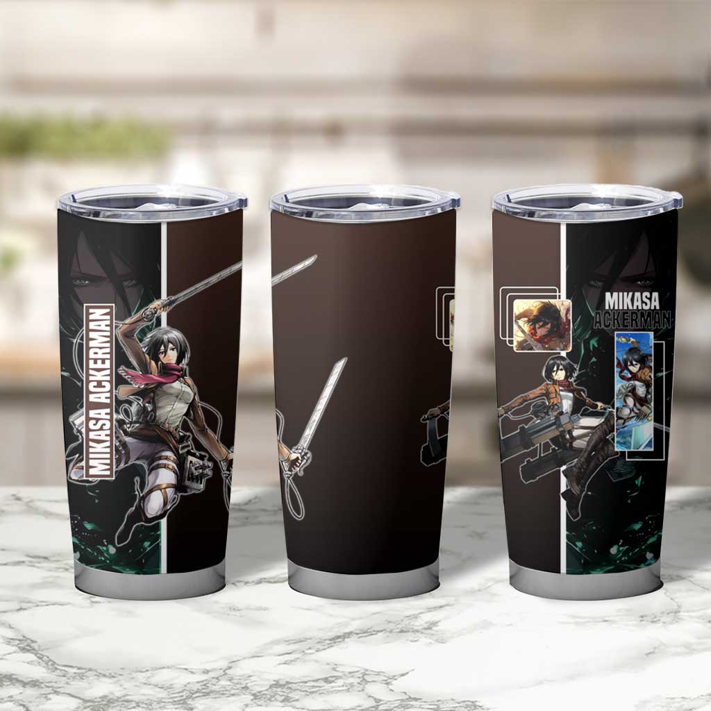 Mikasa Ackerman from Attack on Titan Tumbler Cup with Sword and Action Pose Design - The Mazicc