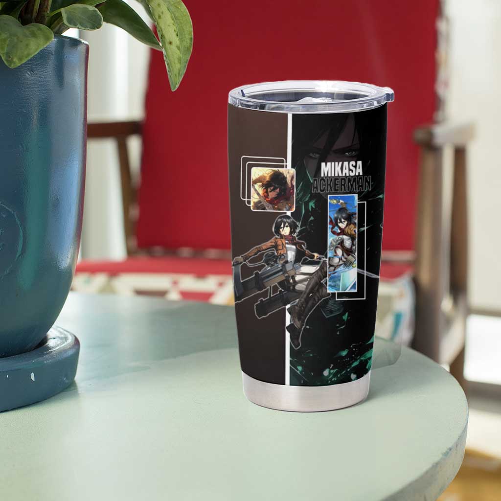 Mikasa Ackerman from Attack on Titan Tumbler Cup with Sword and Action Pose Design - The Mazicc