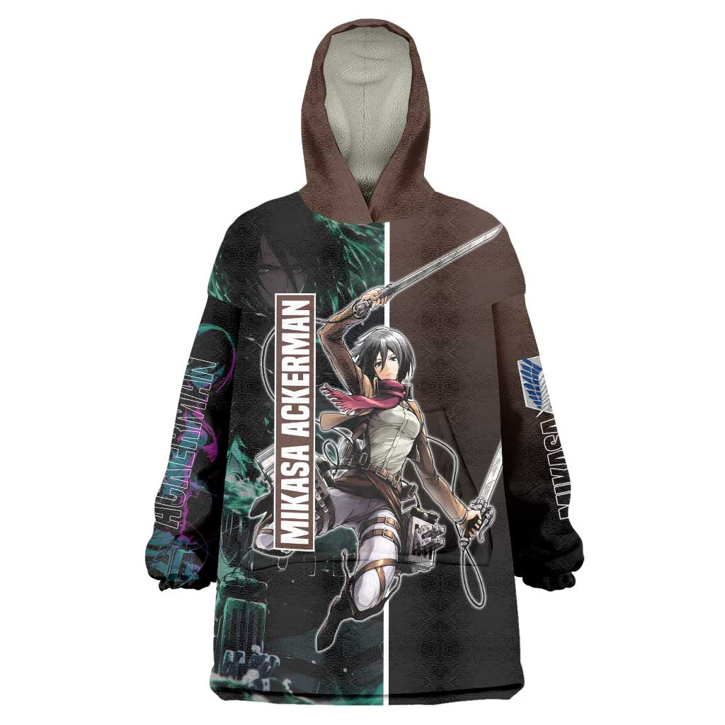 Mikasa Ackerman from Attack on Titan Wearable Blanket Hoodie with Sword and Action Pose Design - The Mazicc