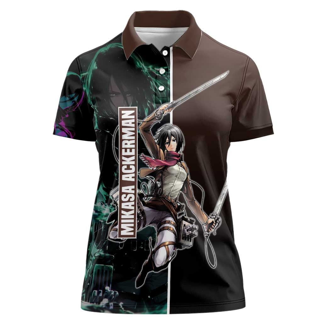 Mikasa Ackerman from Attack on Titan Women Polo Shirt with Sword and Action Pose Design - The Mazicc