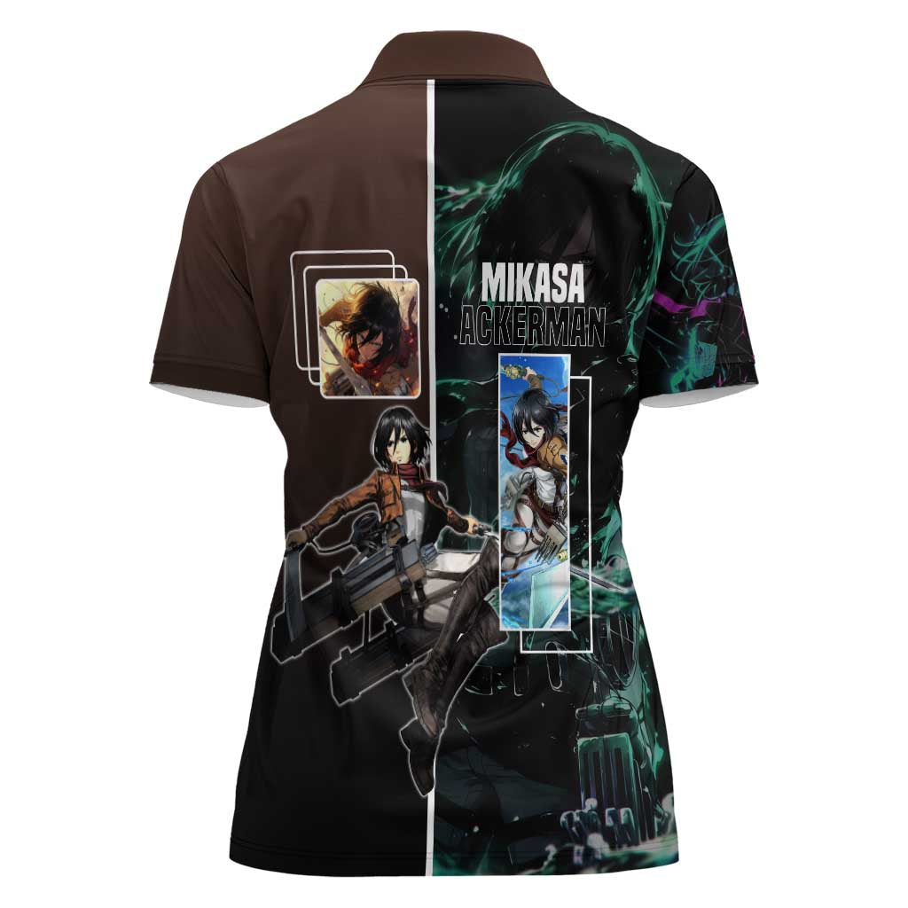 Mikasa Ackerman from Attack on Titan Women Polo Shirt with Sword and Action Pose Design - The Mazicc