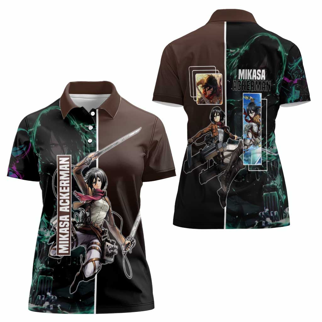 Mikasa Ackerman from Attack on Titan Women Polo Shirt with Sword and Action Pose Design - The Mazicc