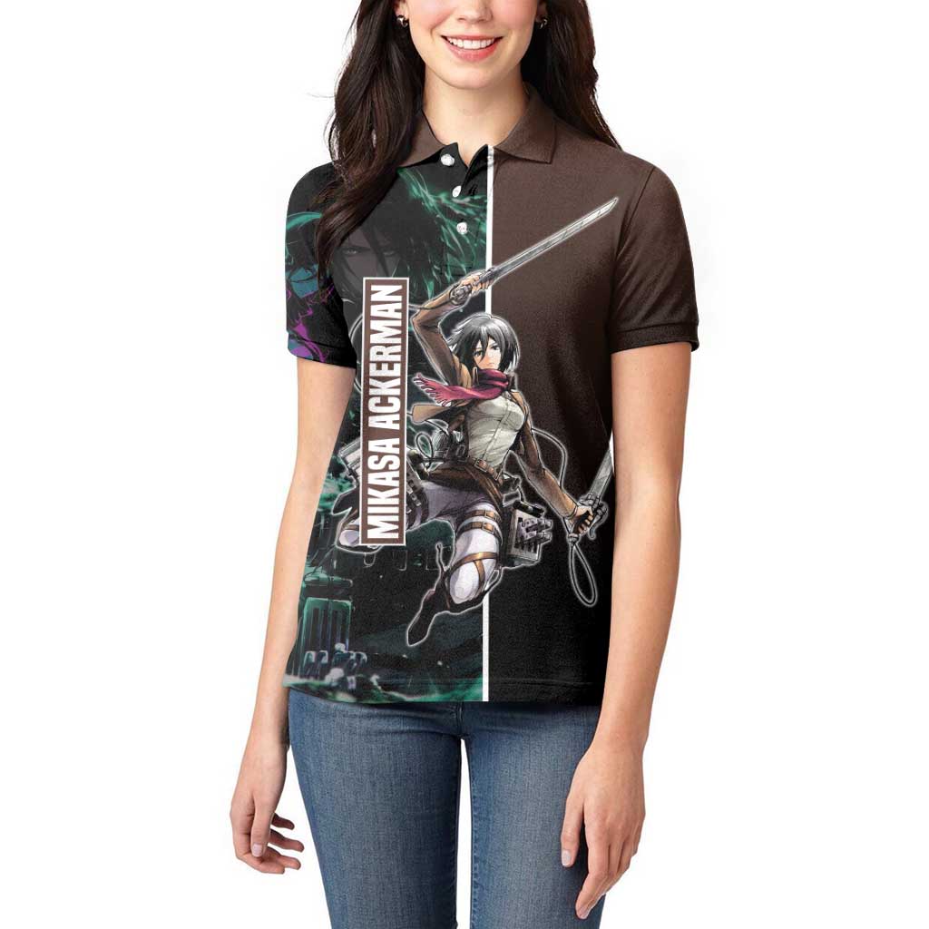Mikasa Ackerman from Attack on Titan Women Polo Shirt with Sword and Action Pose Design - The Mazicc